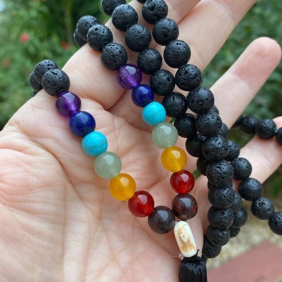 Black Lava Stone Chakra Mala Necklace - Picture 5 of 8